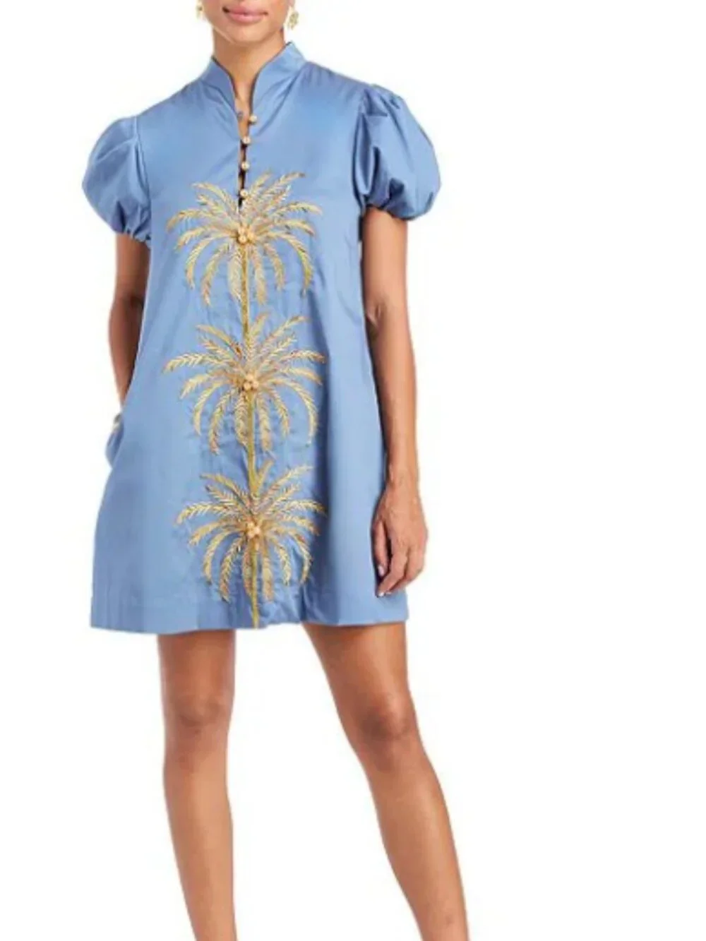 Mestiza New York Elliana Poplin Palm Tree Embroidery Mandarian Collar Short Puff
